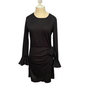 Aliling Solid Black Long Bell Sleeve Faux Wrap Tie Waist Dress Medium